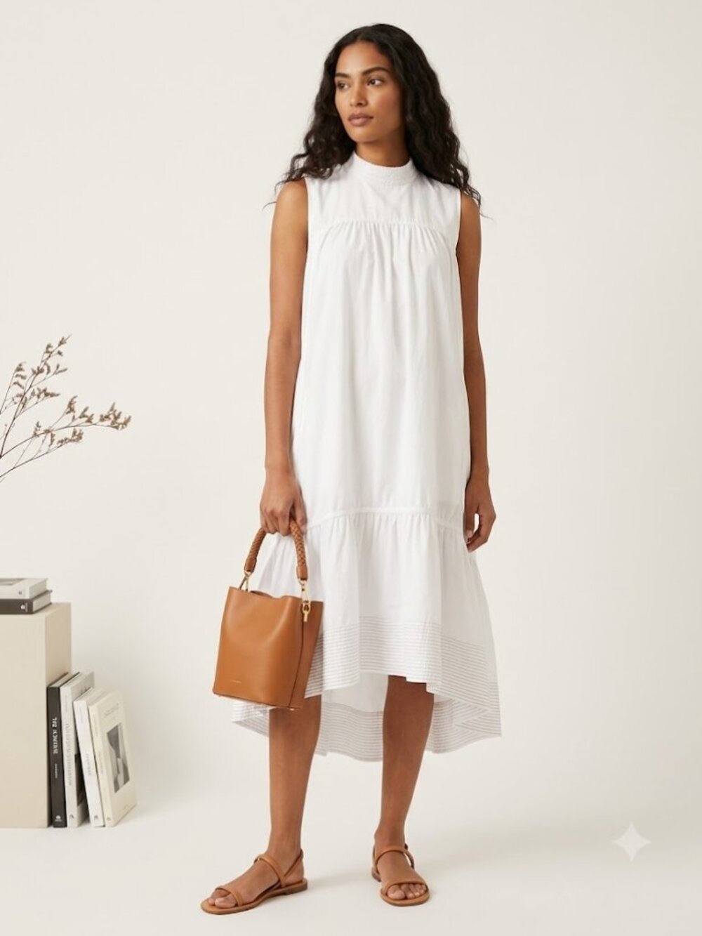 3.1Phillip Lim White Cotton Drop Waist Ruffle Midi Dress Sleeveless High Neck XS